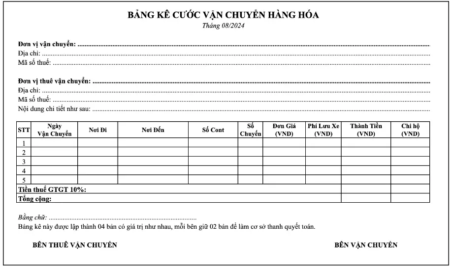 Mẫu bảng kê cước vận chuyển hàng hoá có dịch vụ đi kèm