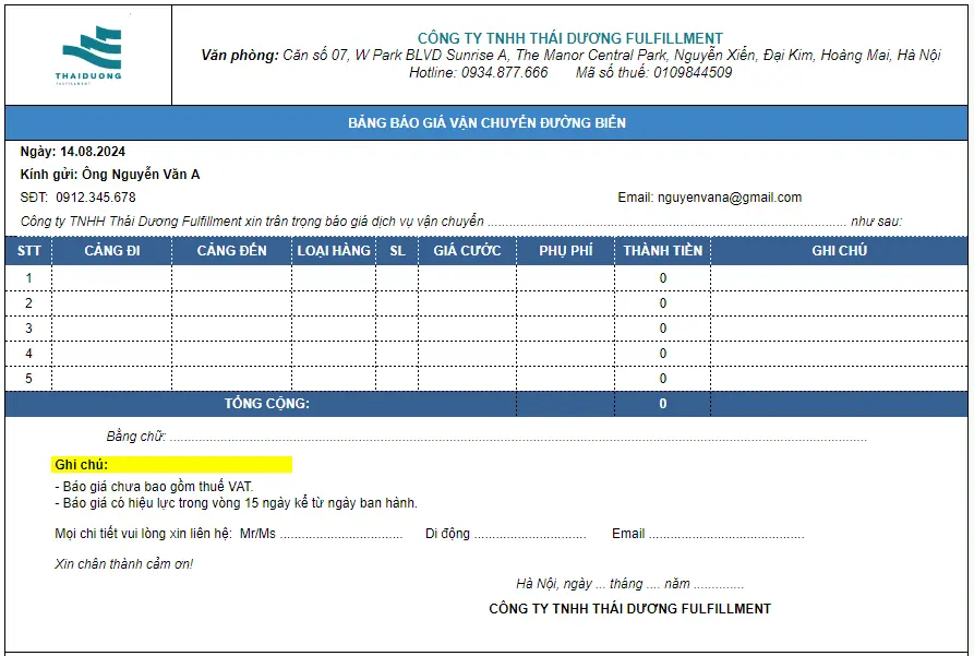 Mẫu báo giá vận chuyển đường biển