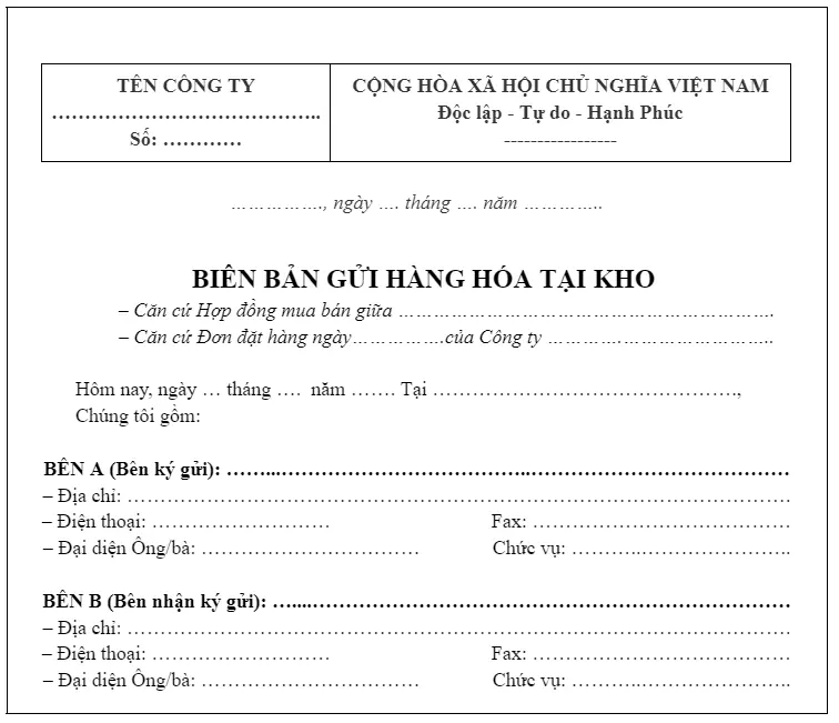 Mẫu biên bản gửi hàng tại kho mới nhất hiện nay